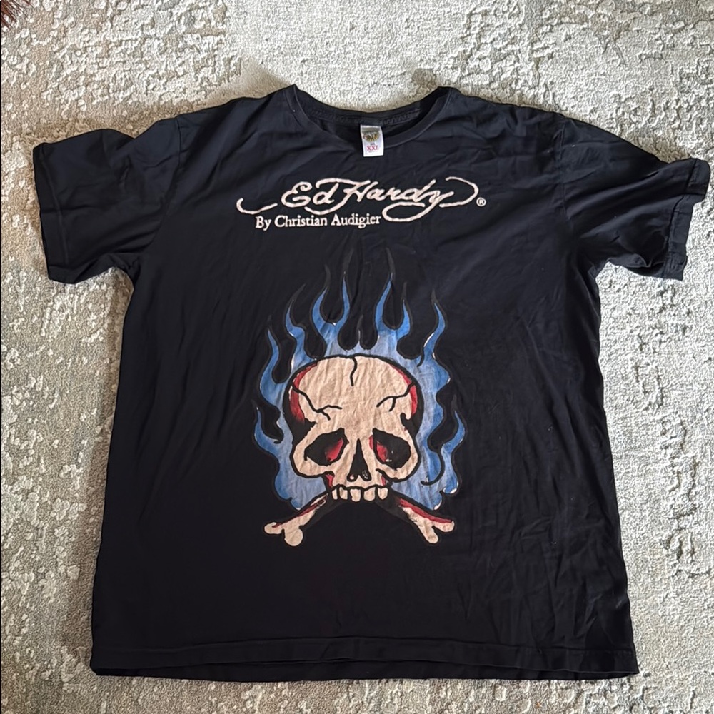 Ed Hardy Black Tee with Skull and Blue Flames